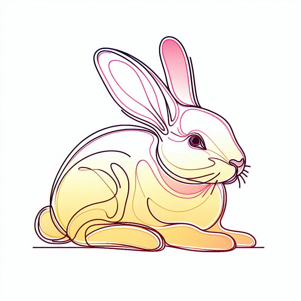 A bunny with contour lines, a smooth transition of color from yellow to pink, on a white backg...jpg