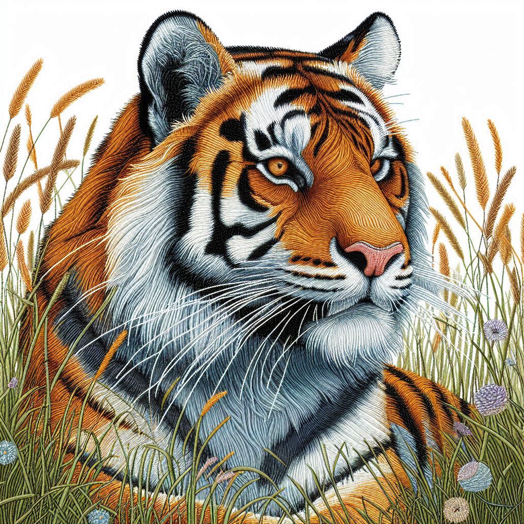 A tiger in the grass with a white background, detailed with stitches (1).jpg