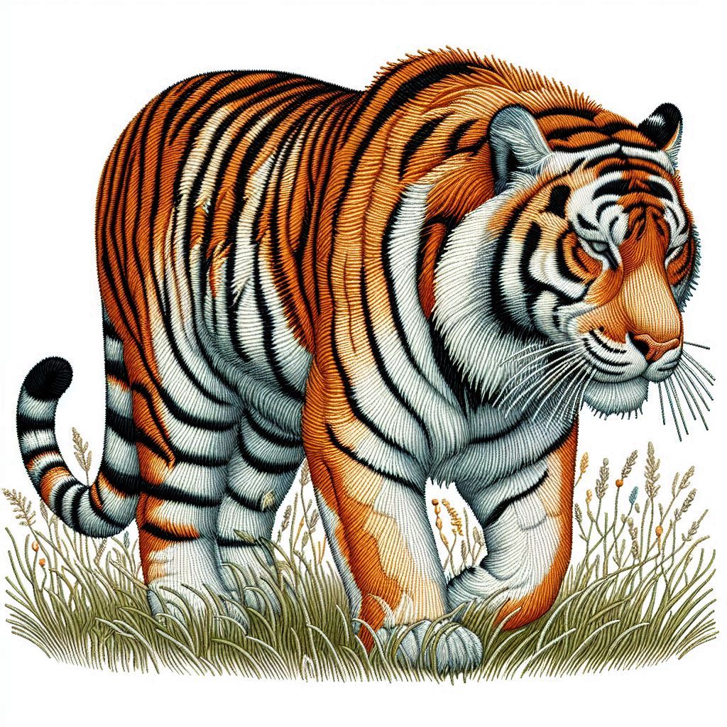 A tiger in the grass with a white background, detailed with stitches.jpg