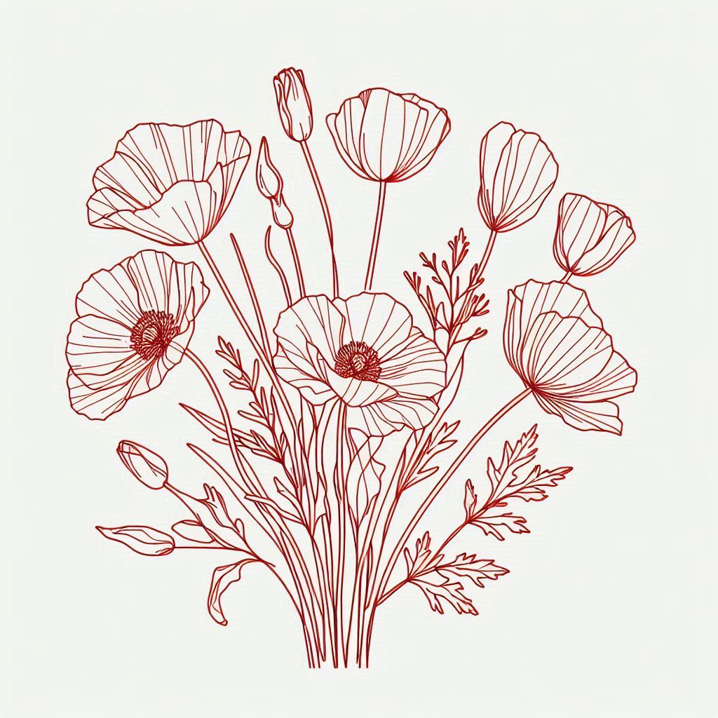  изображение, букет из маков и тюльпанов, тонкая красная линия на белом фоне, минимализм.jpg