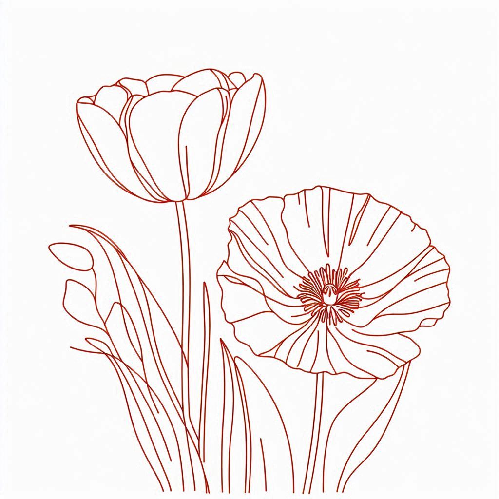  изображение, мак и тюльпан, тонкая красная линия на белом фоне, минимализм.jpg