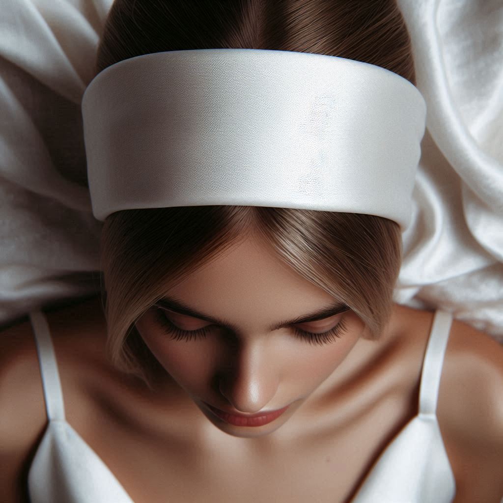 top view woman in wide white silk fabric headband, smooth white fabric, photo taken from above...jpg