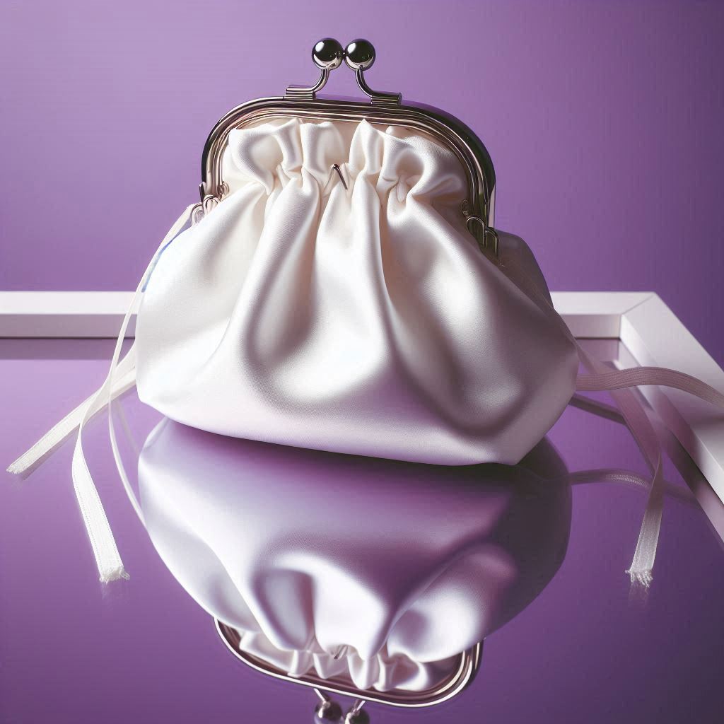 white silk clasp bag lies on glass table against violet background,minimalism.jpg